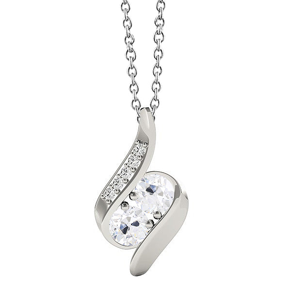 Diamant Coussin Antique Collier Pendentif en Or 14K Blanc – vue principale
