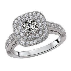 Coussin Antique Brillant Bague Sertie Halo en Or 14K Blanc