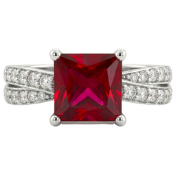 Rubis rouge taille princesse avec diamants 4.10 ct. Bague Or Blanc 14K