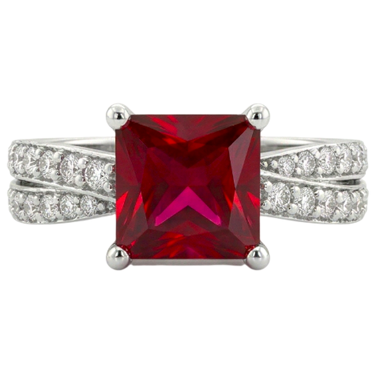 Rubis rouge taille princesse avec diamants 4.10 ct. Bague Or Blanc 14K