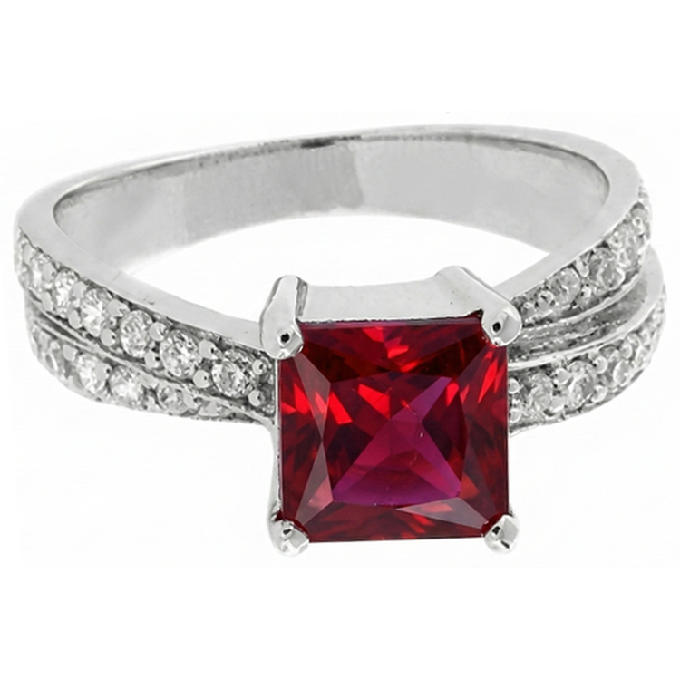 Rubis rouge taille princesse avec diamants 4.10 ct. Bague Or Blanc 14K