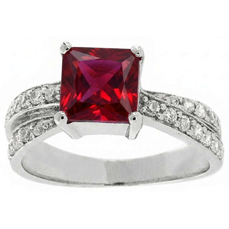 Rubis rouge taille princesse avec diamants 4.10 ct. Bague Or Blanc 14K
