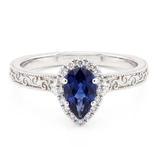 Saphir Bleu Ancien Bague Pierre Précieuse – 1 carats en Or Blanc