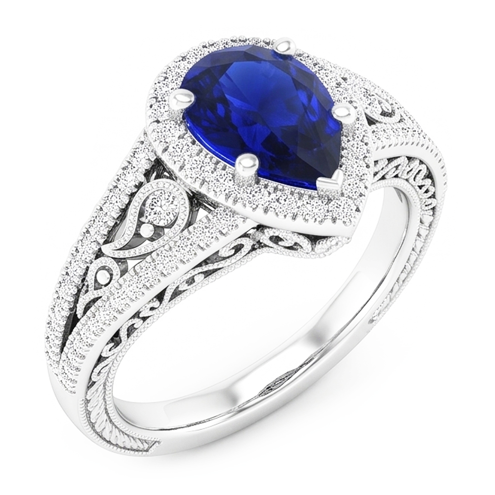 Saphir Bleu Ancien Bague avec Gemme – 3 carats en Or 14K Blanc