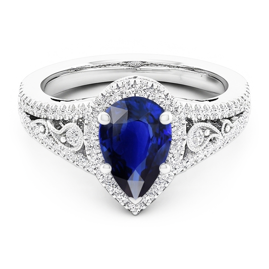 Saphir Bleu Ancien Bague avec Gemme – 3 carats en Or 14K Blanc