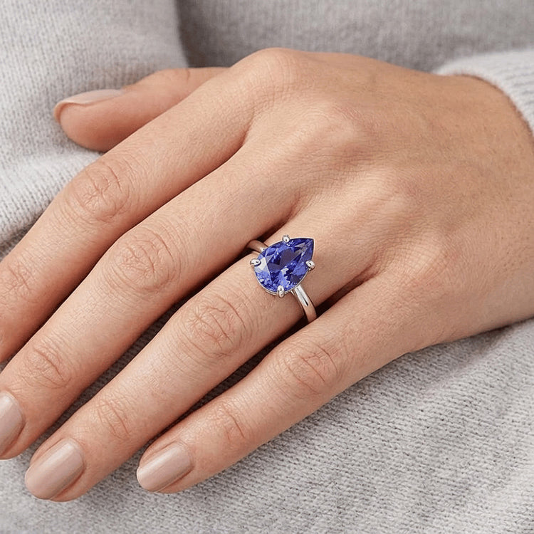 Saphir Bleu Bleuet Bague avec Gemme 3 carats – Or 14K Blanc