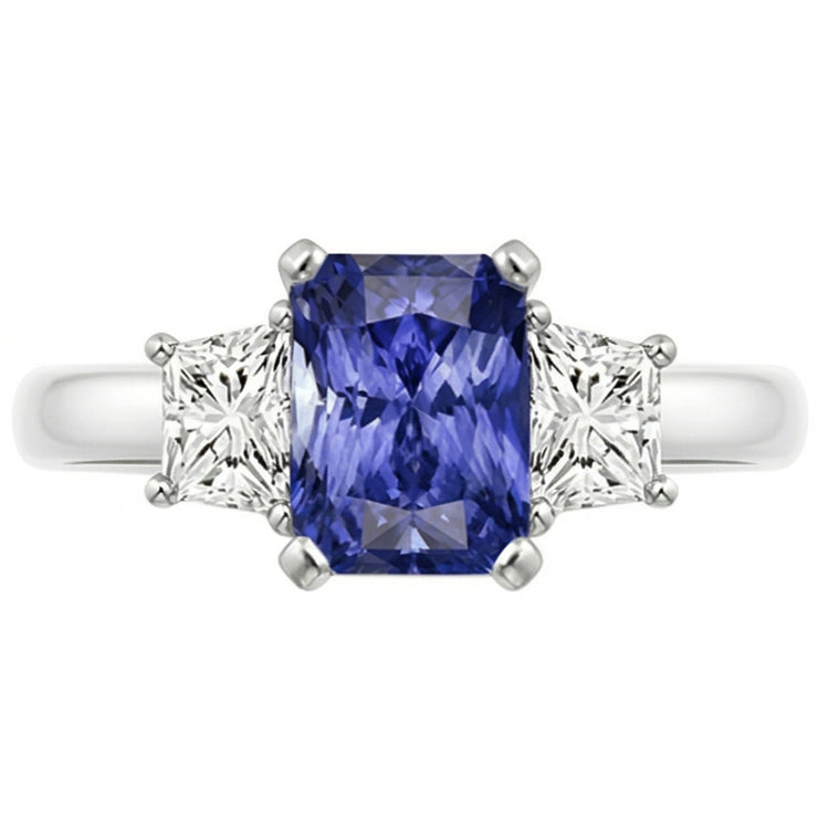 Saphir Gemstone Jewelry Bague 3 Pierres Trapèze Diamants 2.50 Carats