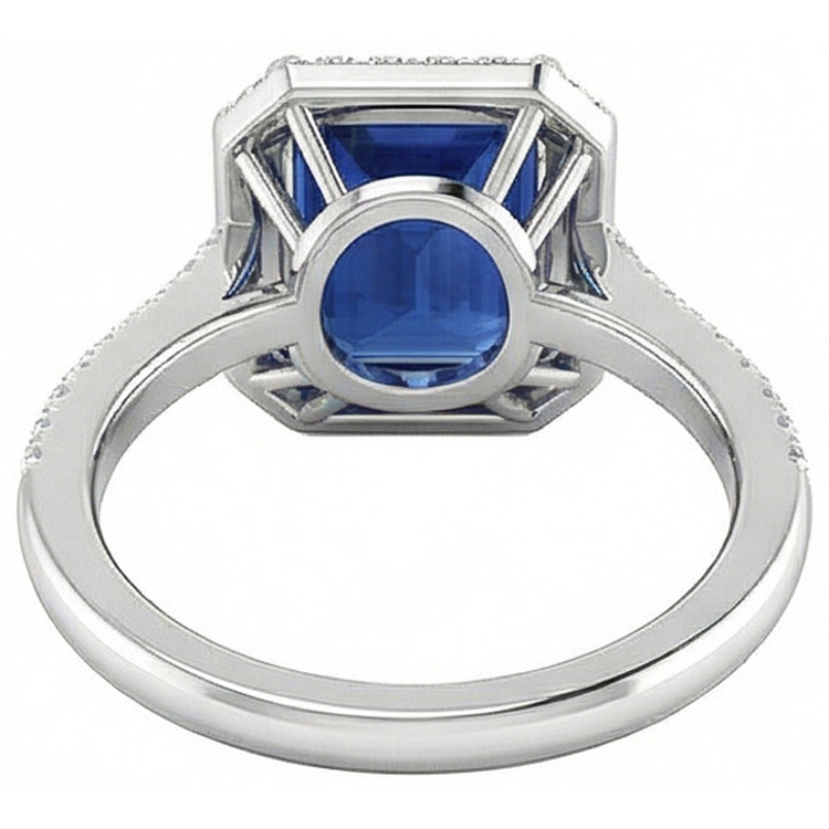 Saphir bleu taille émeraude de 2.70 carats avec bague en diamant en or blanc 14k