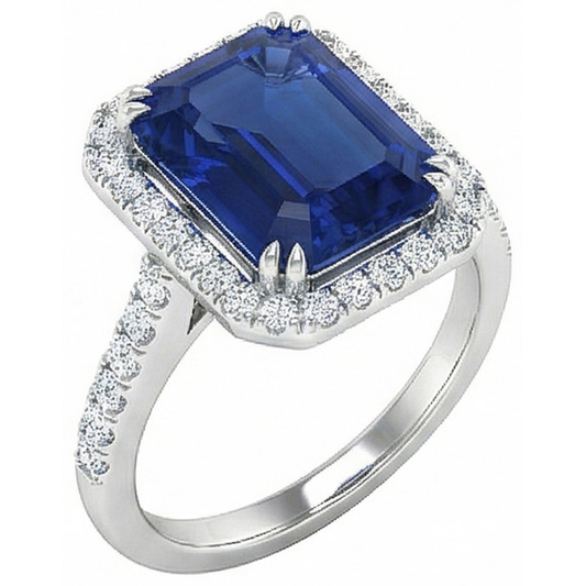 Saphir bleu taille émeraude de 2.70 carats avec bague en diamant en or blanc 14k