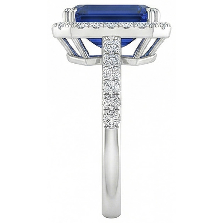 Saphir bleu taille émeraude de 2.70 carats avec bague en diamant en or blanc 14k