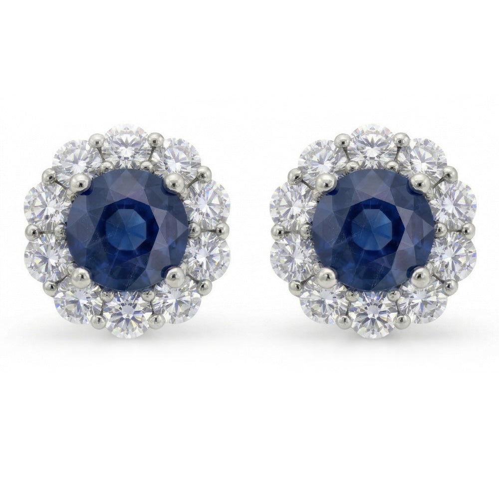 Saphir de Ceylan Coupe Ronde de 4.50 ct avec clous de diamants Halo or blanc