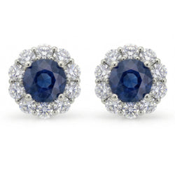 Saphir de Ceylan Coupe Ronde de 4.50 ct avec clous de diamants Halo or blanc