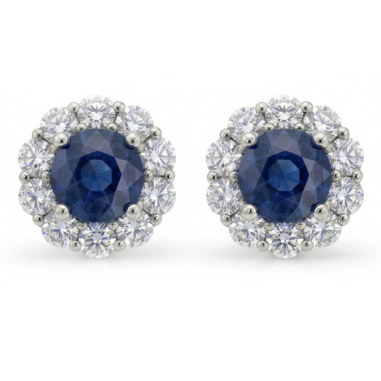 Saphir de Ceylan Coupe Ronde de 4.50 ct avec clous de diamants Halo or blanc