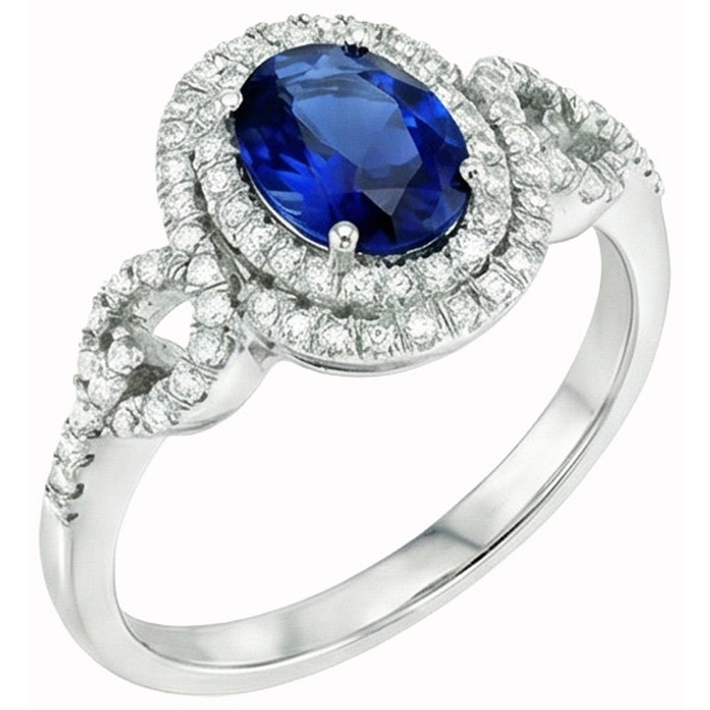 Saphir de Ceylan ovale en or blanc 2.75 carats avec bague en diamant rond