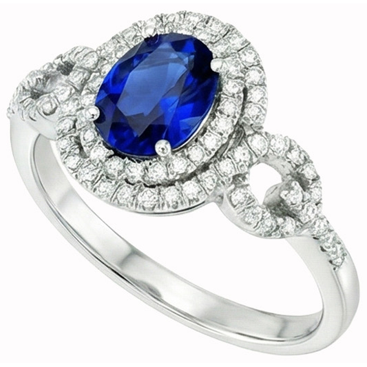 Saphir de Ceylan ovale en or blanc 2.75 carats avec bague en diamant rond