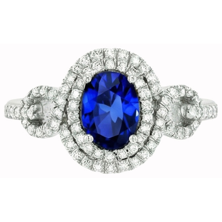 Saphir de Ceylan ovale en or blanc 2.75 carats avec bague en diamant rond