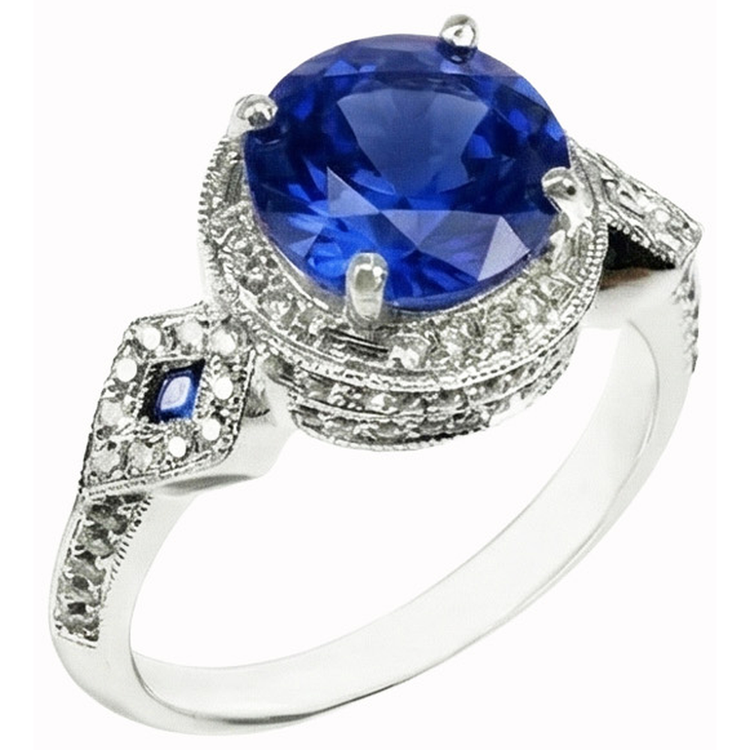 Saphir du Sri Lanka véritable rond 6 carats et diamants en or blanc 14K