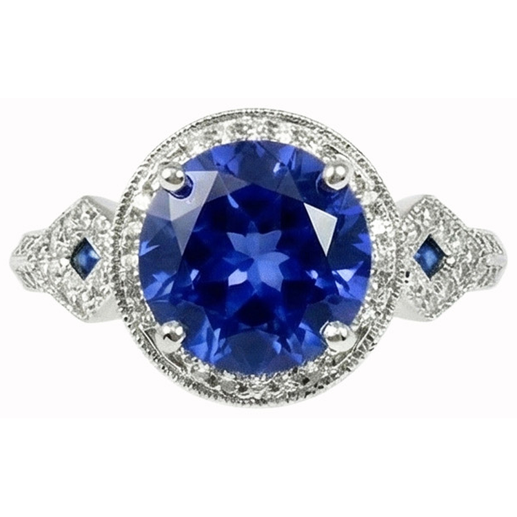 Saphir du Sri Lanka véritable rond 6 carats et diamants en or blanc 14K