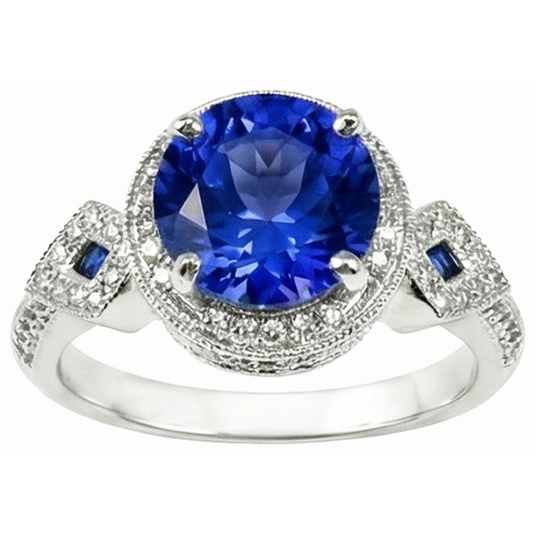 Saphir du Sri Lanka véritable rond 6 carats et diamants en or blanc 14K
