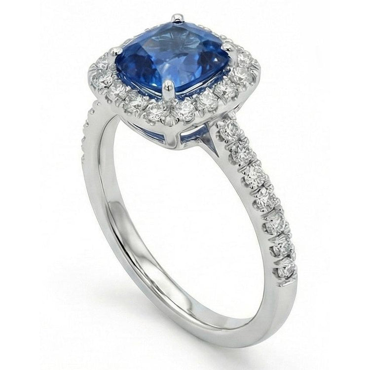 Saphir de Ceylan taille coussin bleu de 1.75 ct avec alliance en diamant