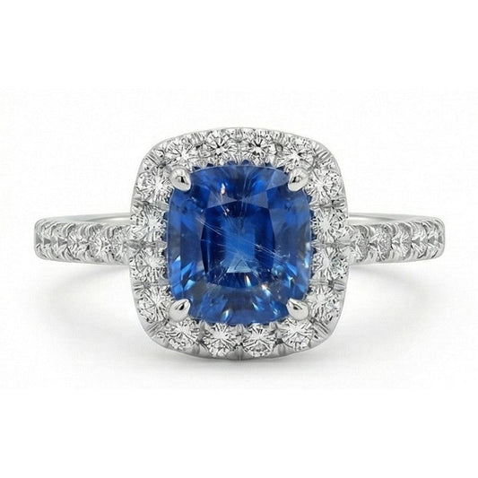 Saphir de Ceylan taille coussin bleu de 1.75 ct avec alliance en diamant