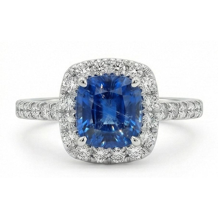 Saphir de Ceylan taille coussin bleu de 1.75 ct avec alliance en diamant