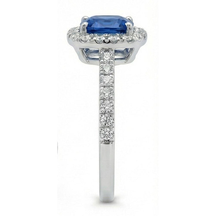 Saphir de Ceylan taille coussin bleu de 1.75 ct avec alliance en diamant