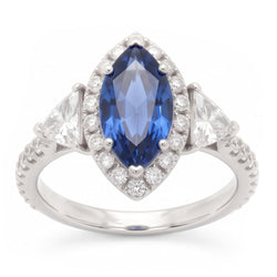 Bague de Fiançailles Trois Pierres en Platine, Saphir Bleu Véritable Marquise 3 Carats et Halo