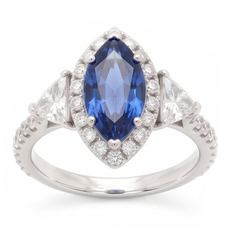 Bague de Fiançailles Trois Pierres en Platine, Saphir Bleu Véritable Marquise 3 Carats et Halo