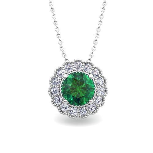 Sertie De Griffes Rondes 6.75 Carats Emeraude Vert & Diamant Pendentif Or Blanc 14K