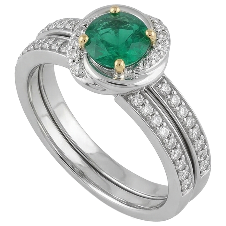 Bague Nuptiale Or 14K Bicolore avec Émeraude Colombienne – vue de côté