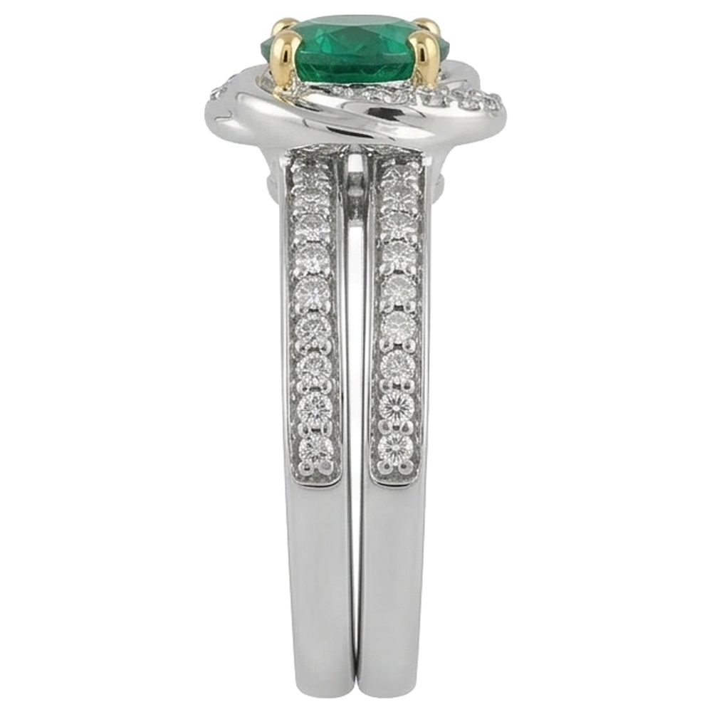 Bague Nuptiale Or 14K Bicolore avec Émeraude Colombienne – vue de profil
