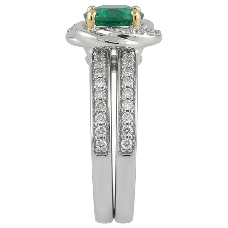 Bague Nuptiale Or 14K Bicolore avec Émeraude Colombienne – vue de profil