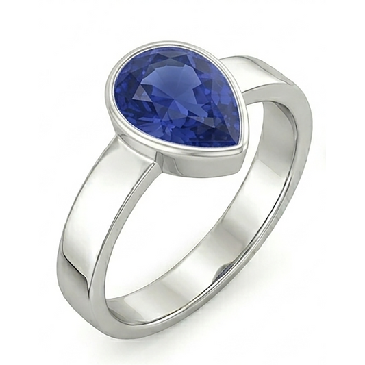 Solitaire Bague Homme Sertie Lunette Saphir Bleu Taille Poire 2.50 Carats