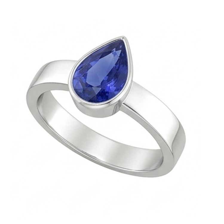 Solitaire Bague Homme Sertie Lunette Saphir Bleu Taille Poire 2.50 Carats