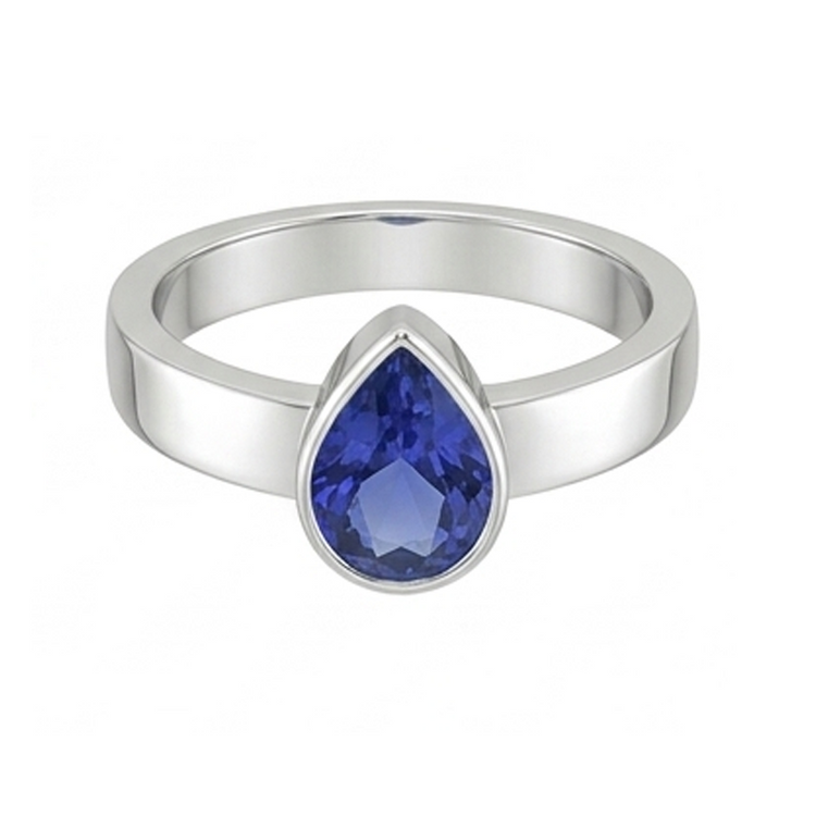 Solitaire Bague Homme Sertie Lunette Saphir Bleu Taille Poire 2.50 Carats