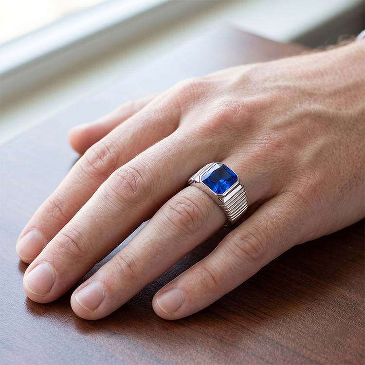 Solitaire Bague pour homme Radiant Saphir de Ceylan Sertie affleurante 2,50 carats