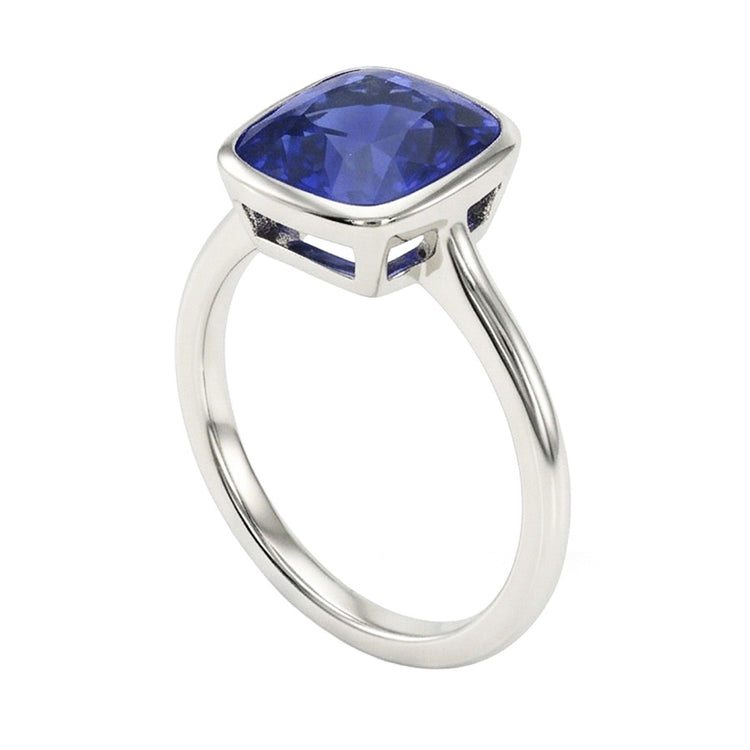 Solitaire Coussin Saphir Bague Lunette Ensemble 2 Carats Bijoux De Pierres Précieuses