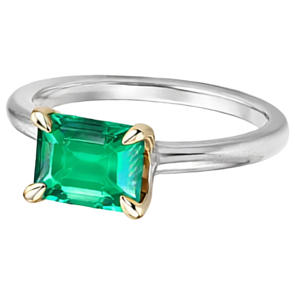 Émeraude Fine Taille Émeraude Bague Pierre Précieuse en Or Bicolore 14 Carats – vue d'angle