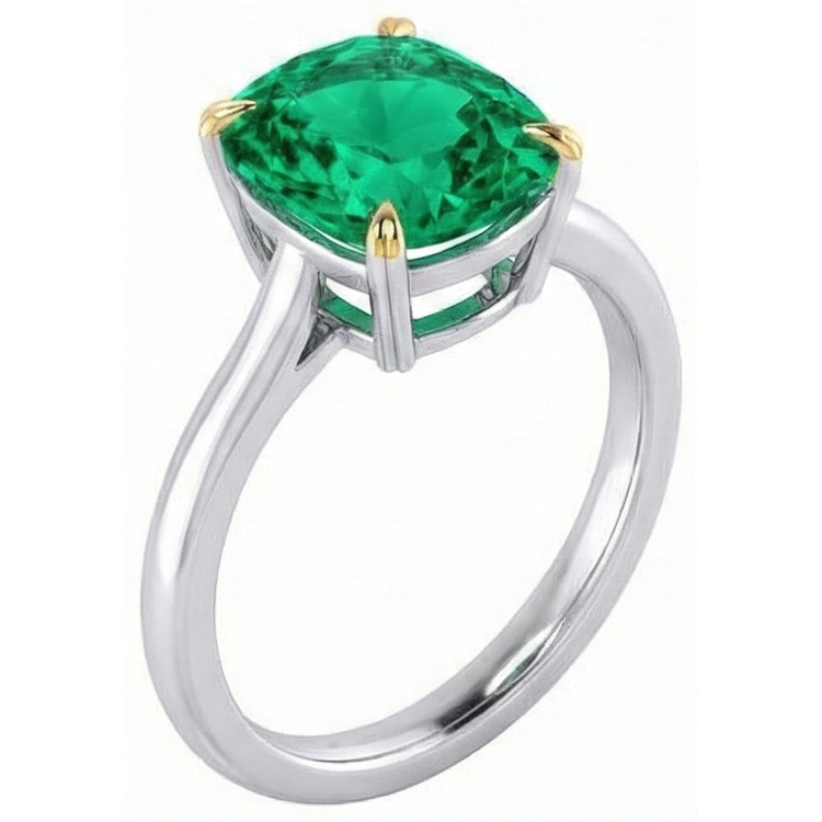 Coussin Émeraude Colombienne bague en Or Bicolore 14 Carats – vue d'angle