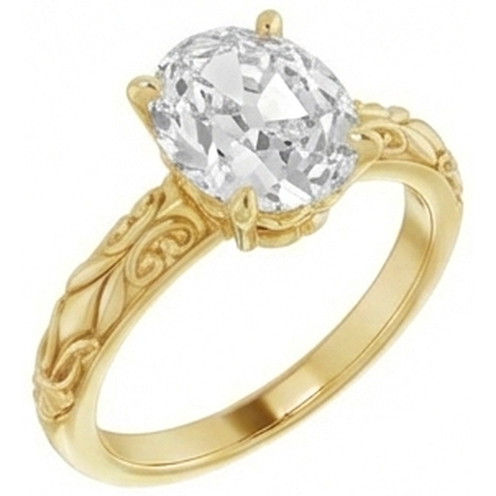 Brillant Coussin Antique Bague Mono-Pierre en Or Jaune 14 Carats – vue de face
