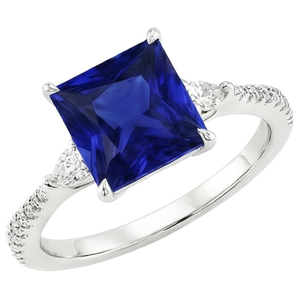 Solitaire Princesse Saphir Bleu Poire & Diamants Naturels Extraits des Mines ( et non cultivés en laboratoire ) Ronds Accents 6 Carats