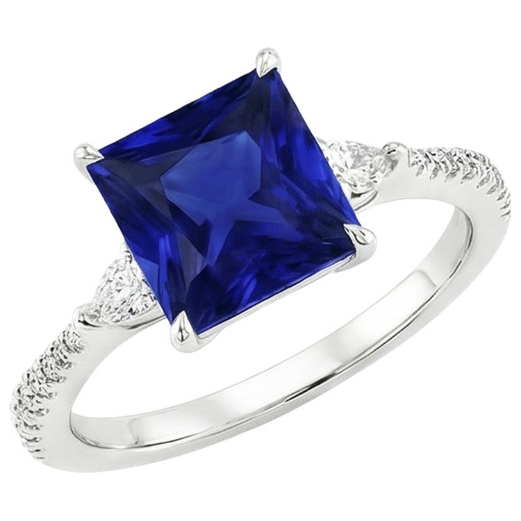 Solitaire Princesse Saphir Bleu Poire & Diamants Naturels Extraits des Mines ( et non cultivés en laboratoire ) Ronds Accents 6 Carats