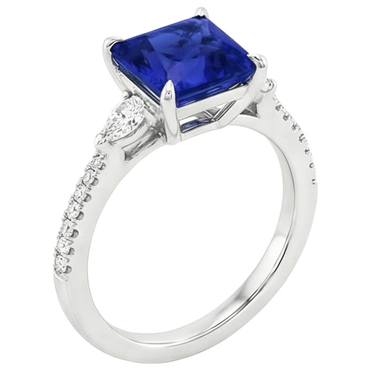 Solitaire Princesse Saphir Bleu Poire & Diamants Naturels Extraits des Mines ( et non cultivés en laboratoire ) Ronds Accents 6 Carats