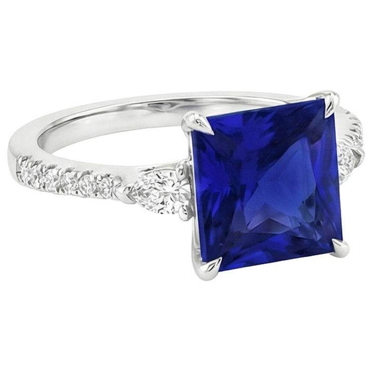 Solitaire Princesse Saphir Bleu Poire & Diamants Naturels Extraits des Mines ( et non cultivés en laboratoire ) Ronds Accents 6 Carats