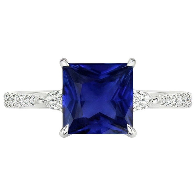 Solitaire Princesse Saphir Bleu Poire & Diamants Naturels Extraits des Mines ( et non cultivés en laboratoire ) Ronds Accents 6 Carats