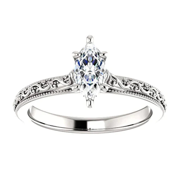 Solitaire Réel Diamant Millegrain Marquise 1.50 Carats Or Blanc 14K