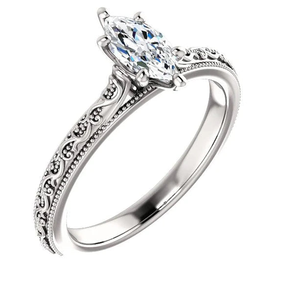 Solitaire Réel Diamant Millegrain Marquise 1.50 Carats Or Blanc 14K