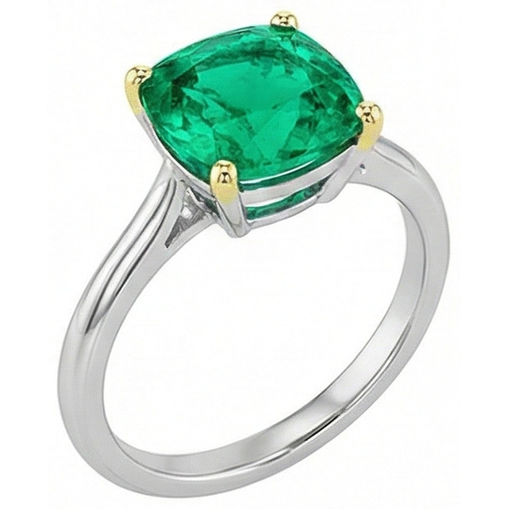 Émeraude Fine Bague Pierre de Couleur 3,50 carats Or Bicolore 14 Carats – vue de face