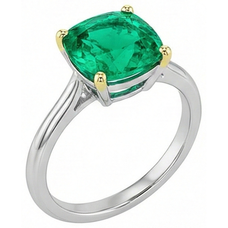 Émeraude Fine Bague Pierre de Couleur 3,50 carats Or Bicolore 14 Carats – vue de face